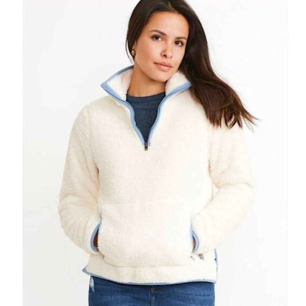 Marine Layer Re-Spun Sherpa Fleece 1/4 Zip Pullover Jacket Cream/Blue Size Small